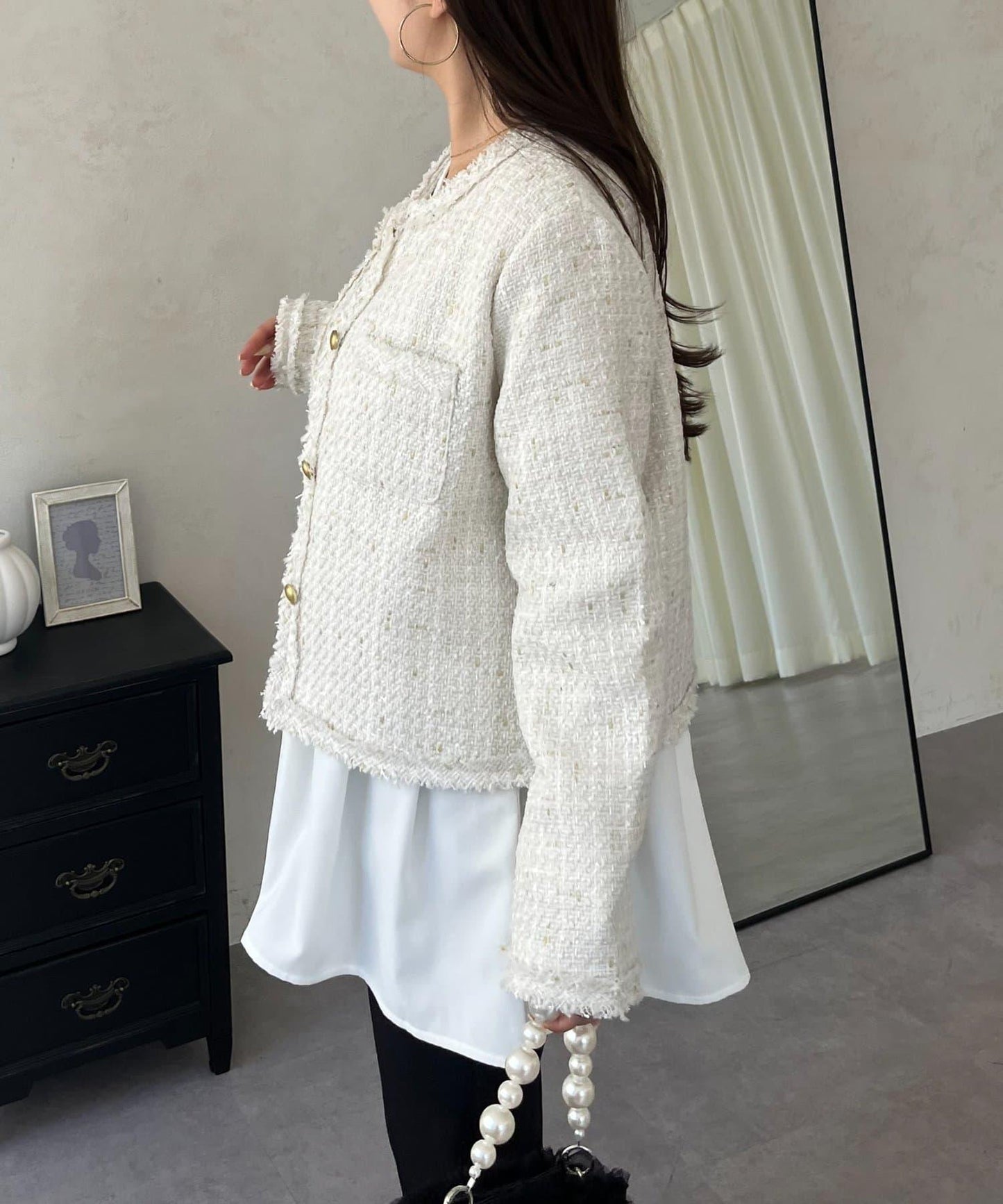 珍珠紐扣褶皺百褶荷葉邊上衣