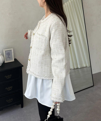 珍珠紐扣褶皺百褶荷葉邊上衣