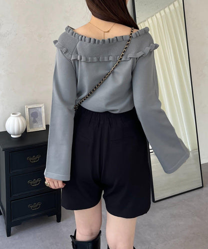 褶皺荷葉邊一字肩針織衫