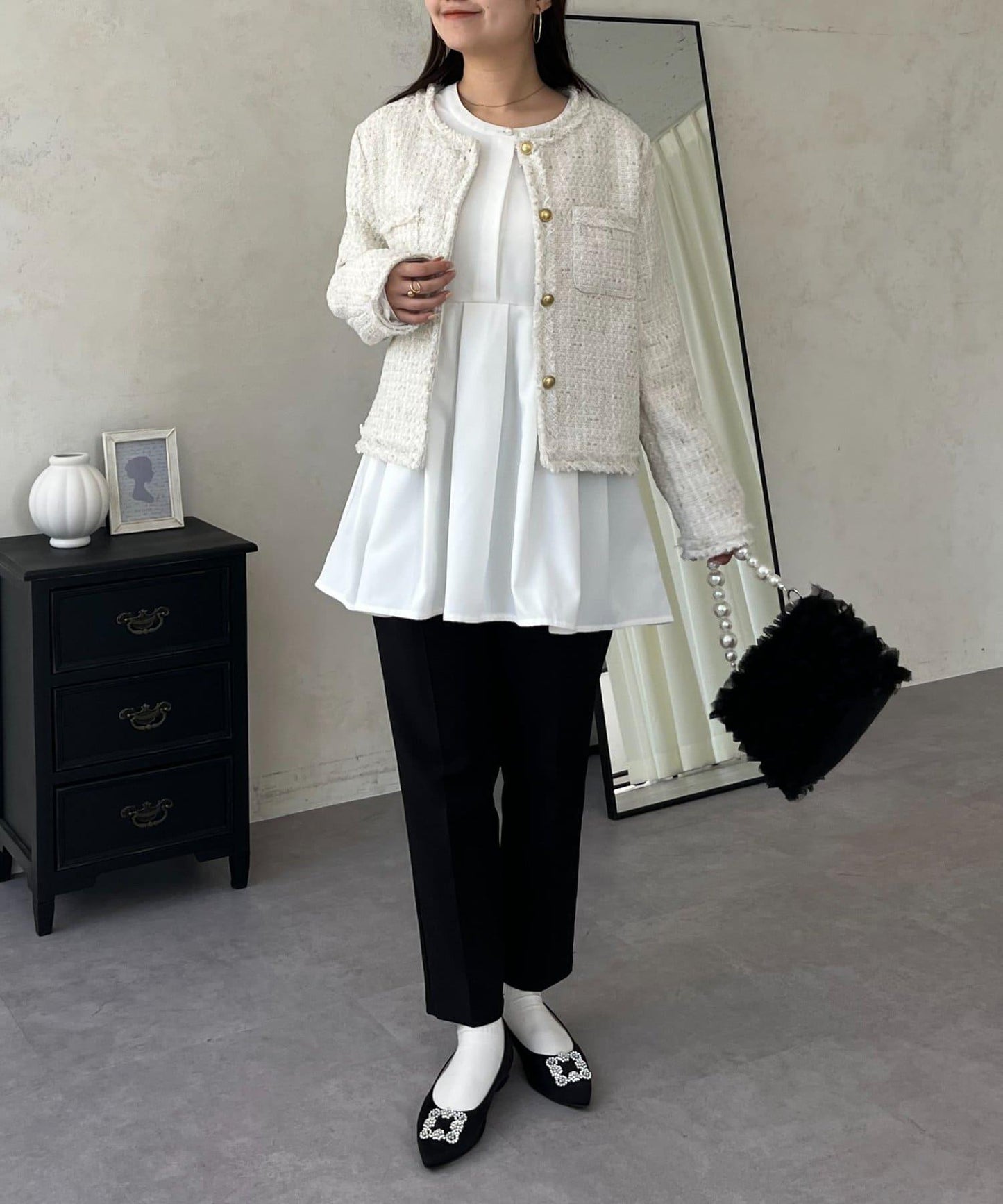 珍珠紐扣褶皺百褶荷葉邊上衣