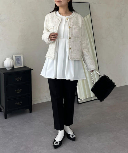 珍珠紐扣褶皺百褶荷葉邊上衣