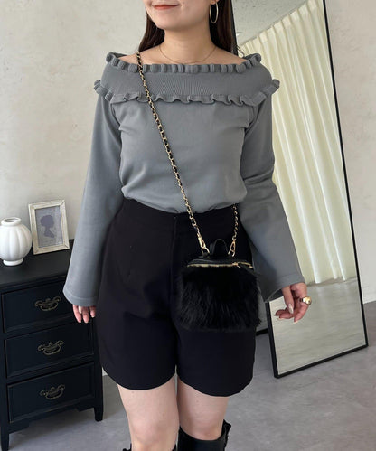 褶皺荷葉邊一字肩針織衫