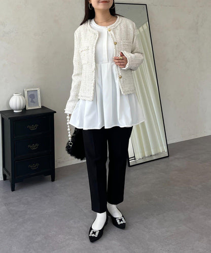 珍珠紐扣褶皺百褶荷葉邊上衣