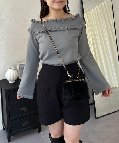 褶皺荷葉邊一字肩針織衫