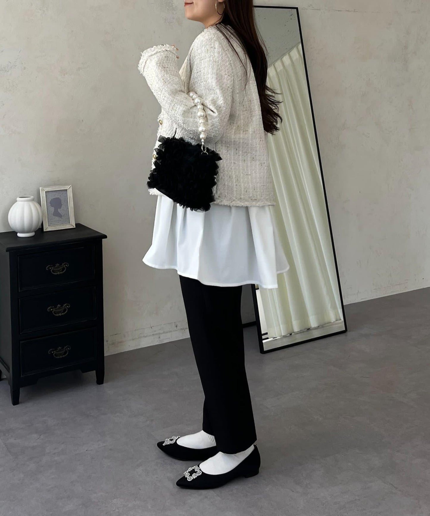 珍珠紐扣褶皺百褶荷葉邊上衣