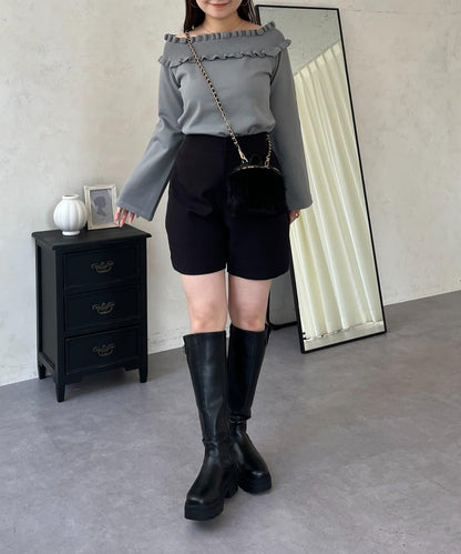 褶皺荷葉邊一字肩針織衫