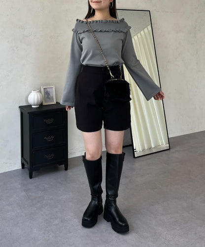 褶皺荷葉邊一字肩針織衫