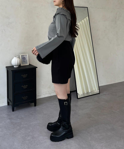 褶皺荷葉邊一字肩針織衫