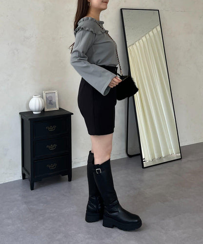 褶皺荷葉邊一字肩針織衫