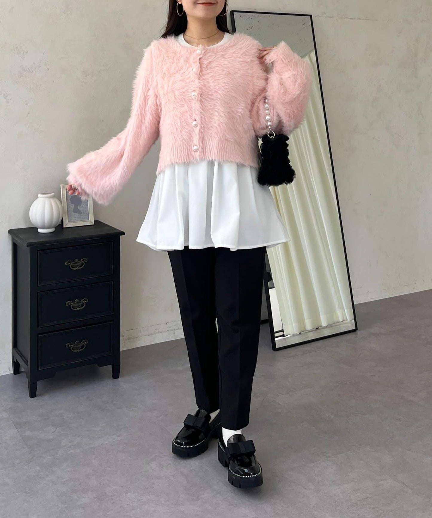 珍珠紐扣褶皺百褶荷葉邊上衣