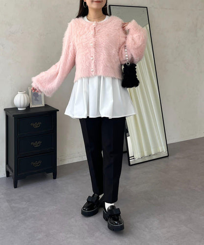 珍珠紐扣褶皺百褶荷葉邊上衣