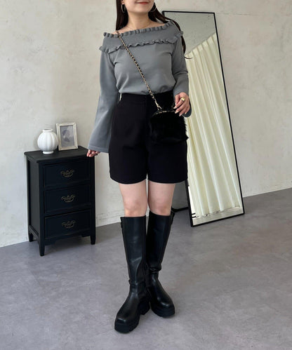 褶皺荷葉邊一字肩針織衫