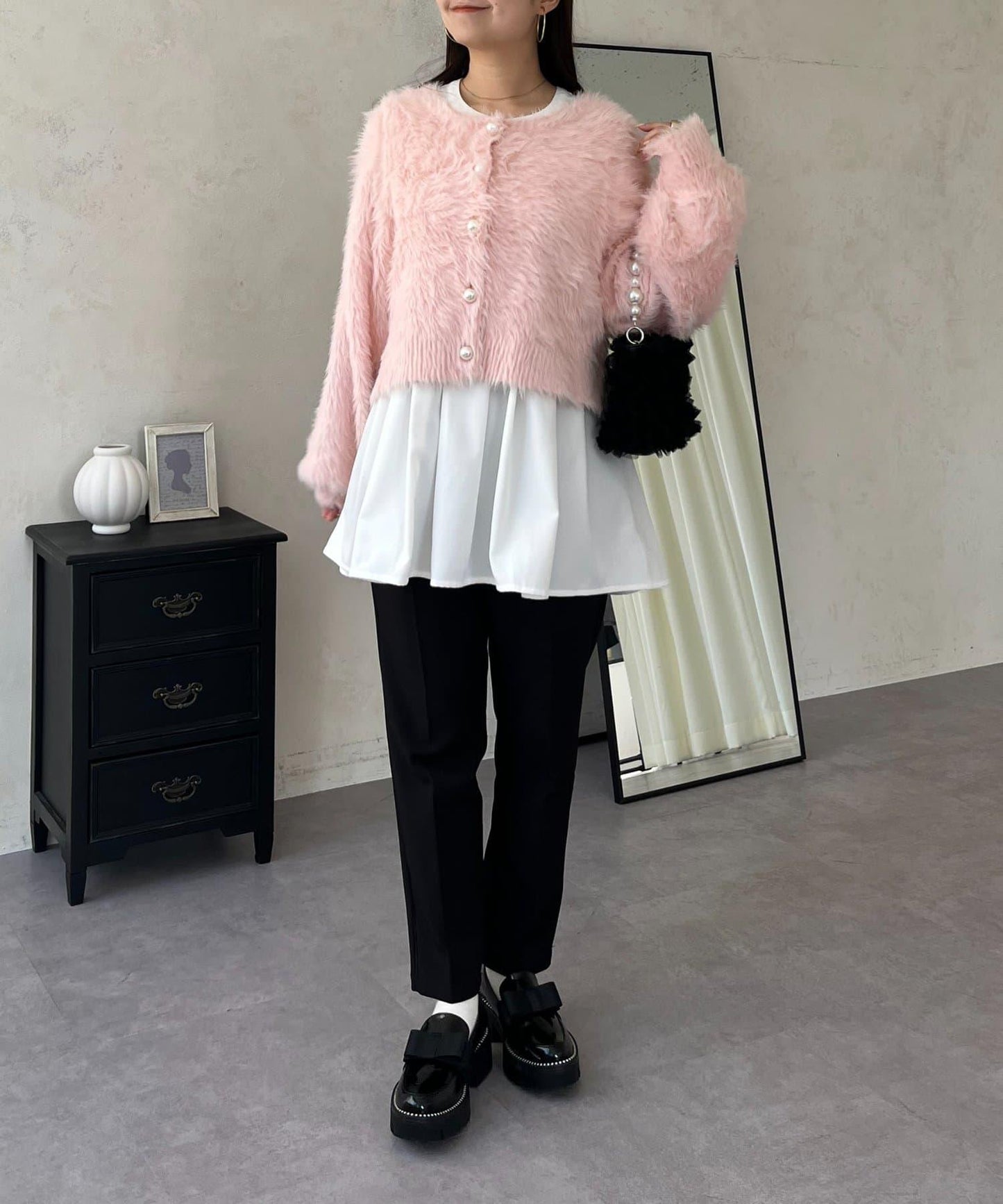 珍珠紐扣褶皺百褶荷葉邊上衣