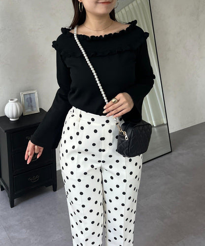 褶皺荷葉邊一字肩針織衫