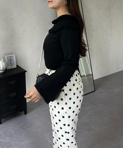 褶皺荷葉邊一字肩針織衫