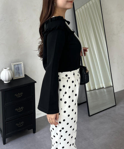 褶皺荷葉邊一字肩針織衫