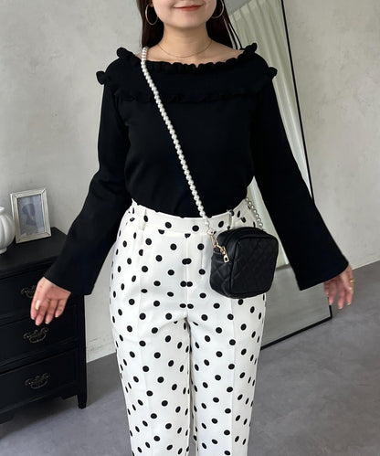 褶皺荷葉邊一字肩針織衫