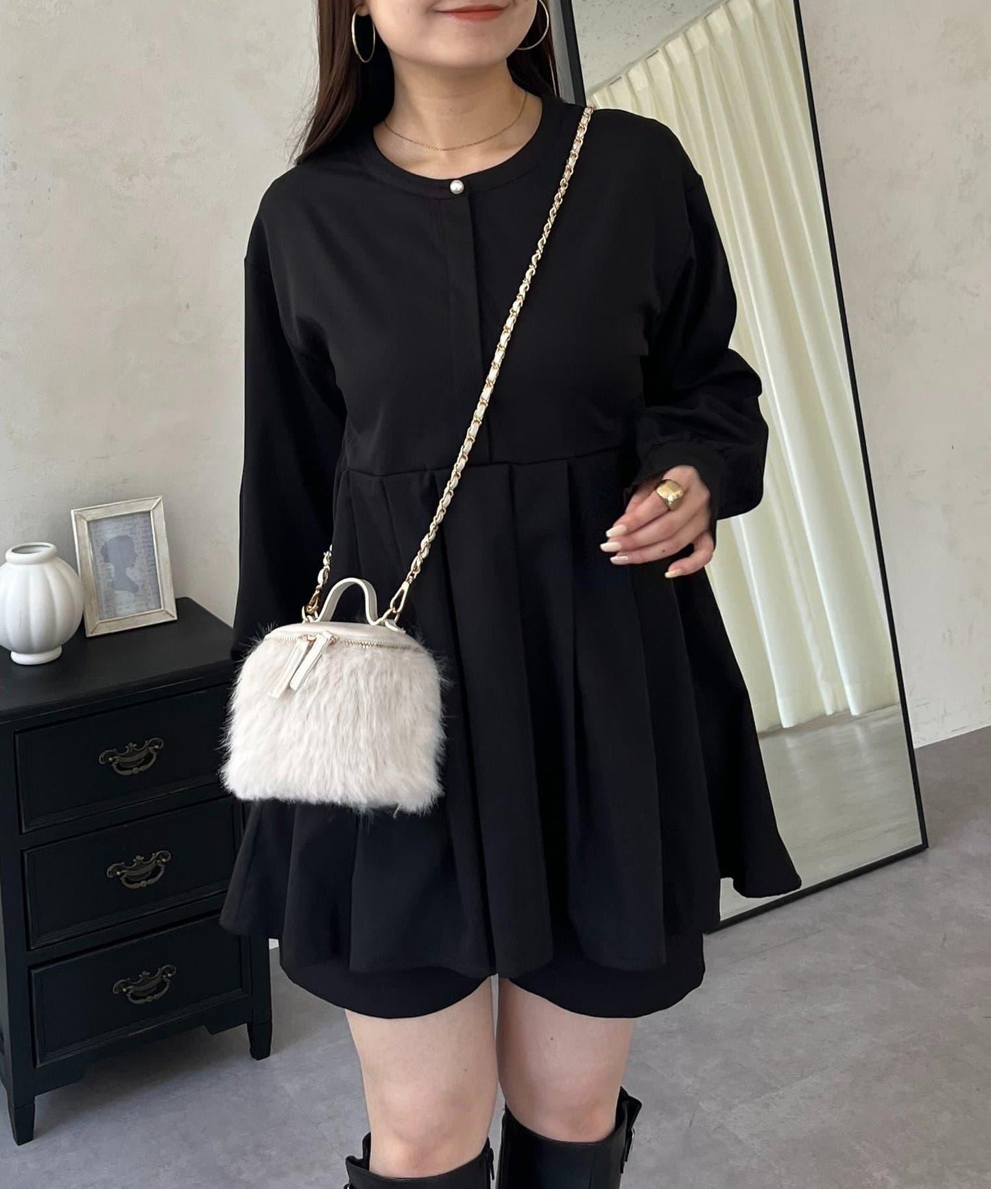 珍珠紐扣褶皺百褶荷葉邊上衣