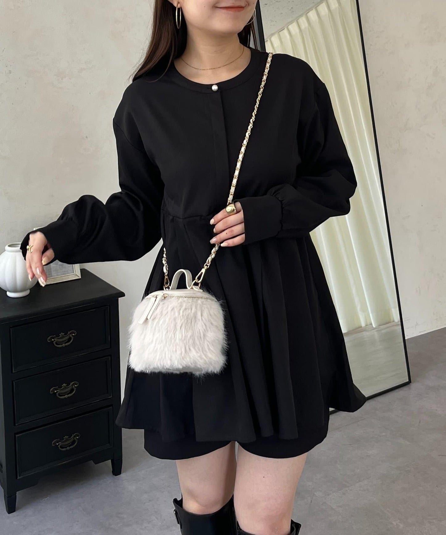 珍珠紐扣褶皺百褶荷葉邊上衣