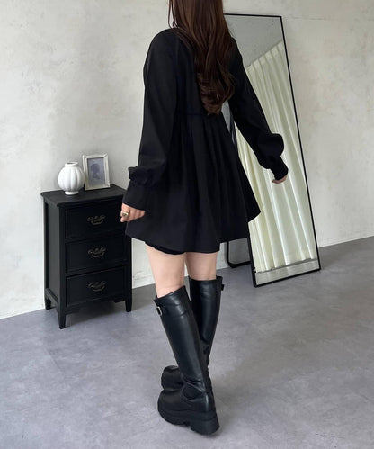 珍珠紐扣褶皺百褶荷葉邊上衣