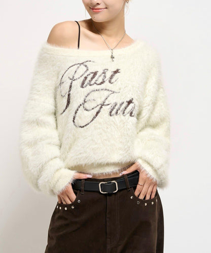 毛邊字母露肩針織衫