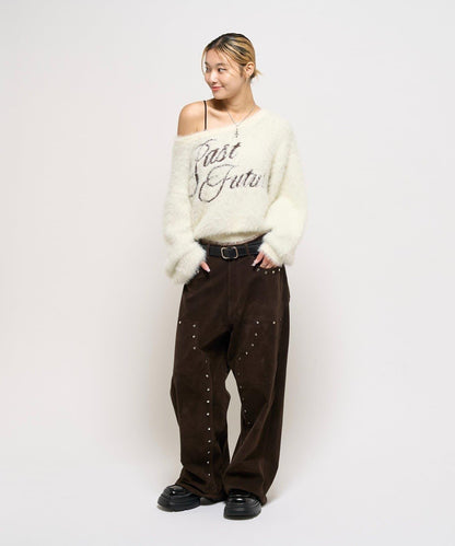 毛邊字母露肩針織衫