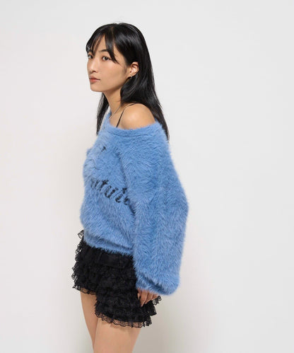 毛邊字母露肩針織衫