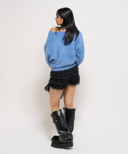 毛邊字母露肩針織衫