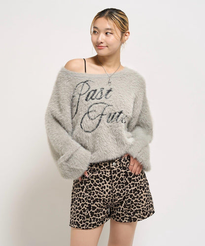 毛邊字母露肩針織衫