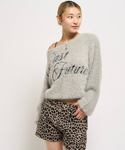 毛邊字母露肩針織衫