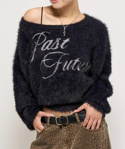 毛邊字母露肩針織衫