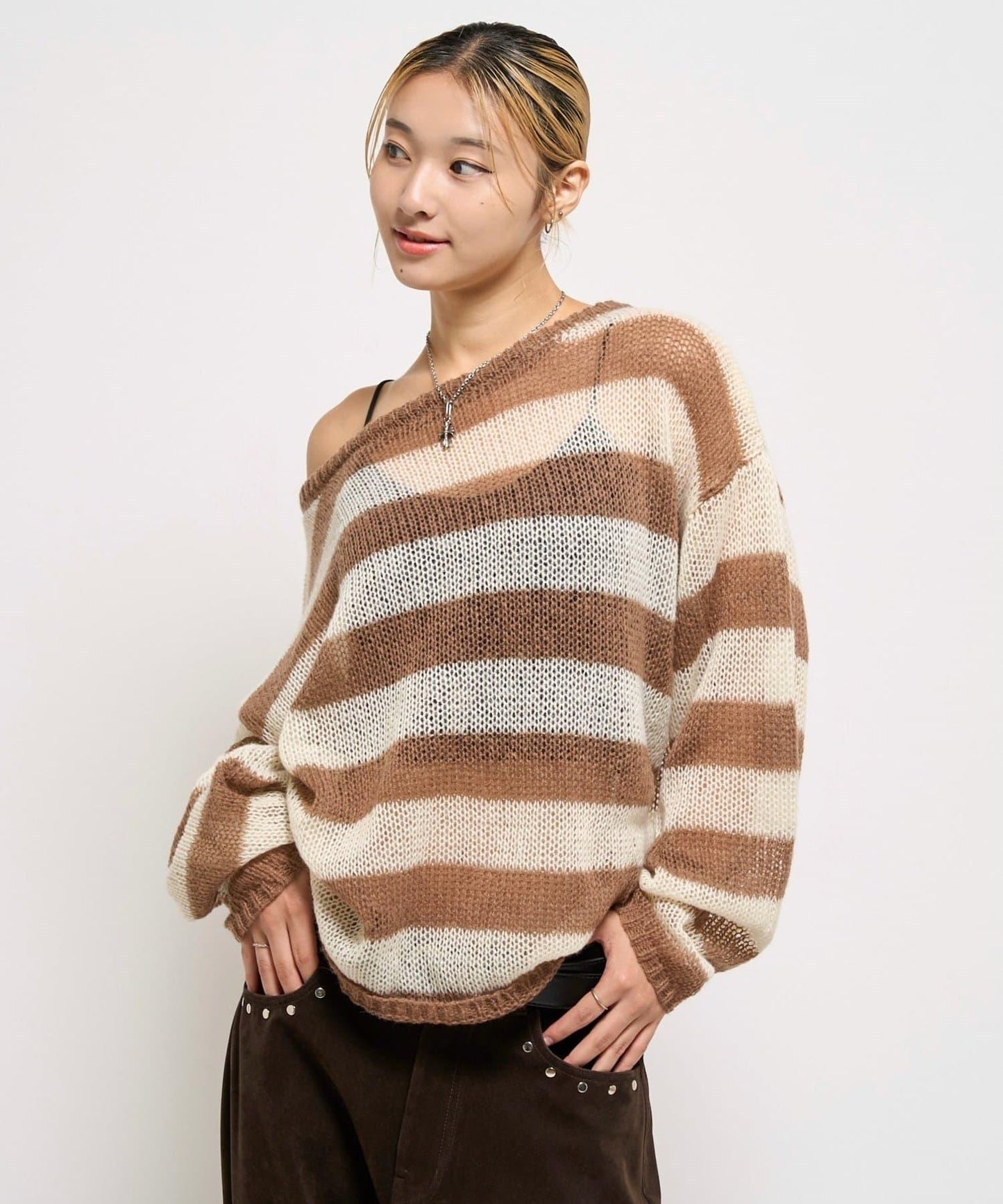 寬條紋網眼針織衫