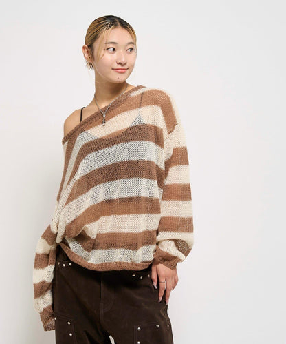 寬條紋網眼針織衫