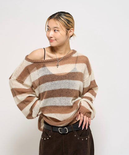 寬條紋網眼針織衫