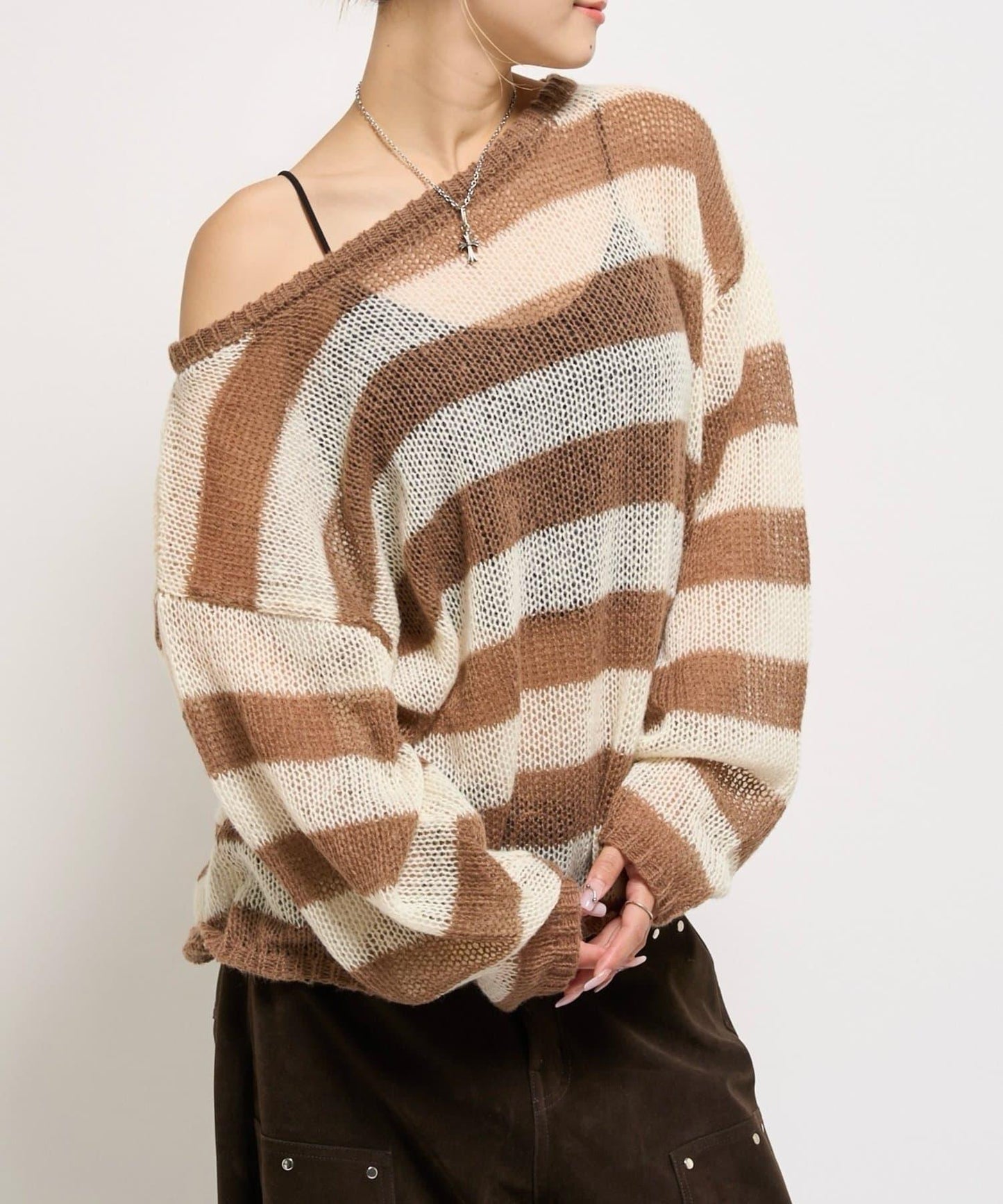 寬條紋網眼針織衫