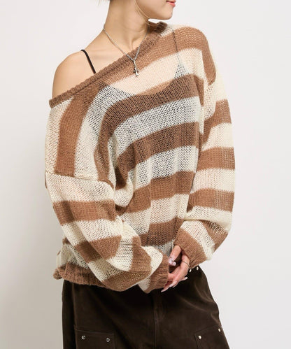 寬條紋網眼針織衫