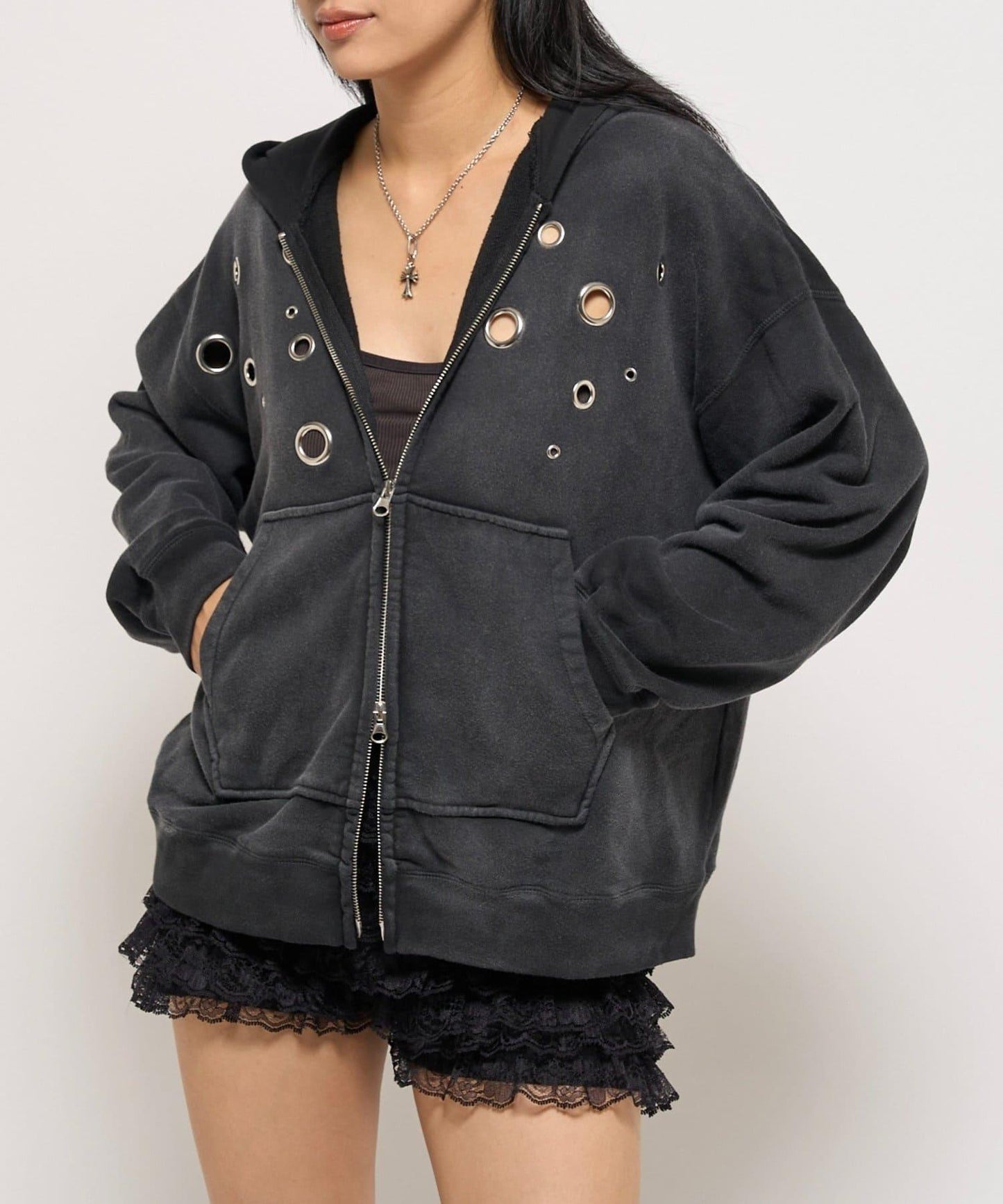 金屬孔眼拉鍊連帽衛衣