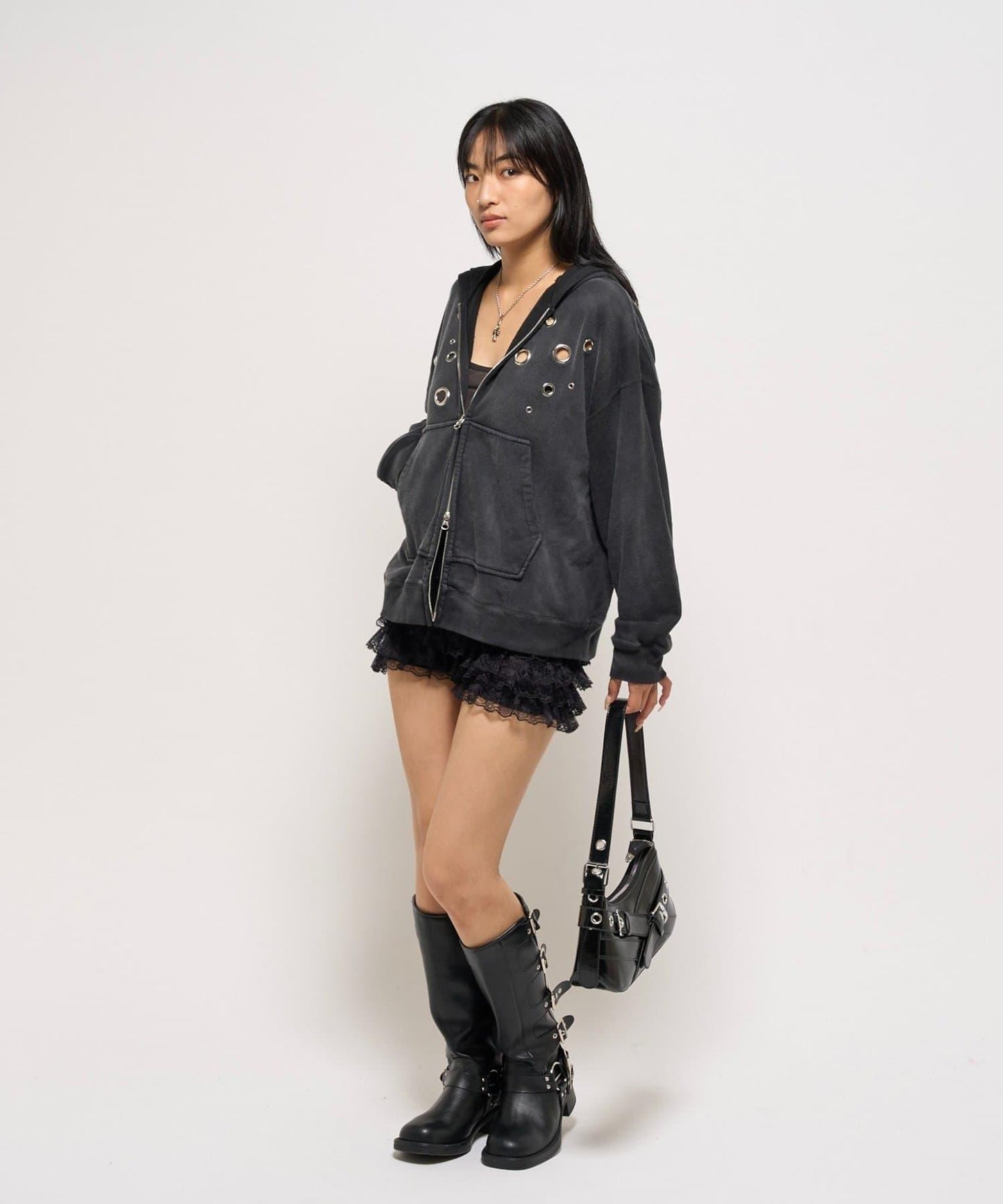 金屬孔眼拉鍊連帽衛衣