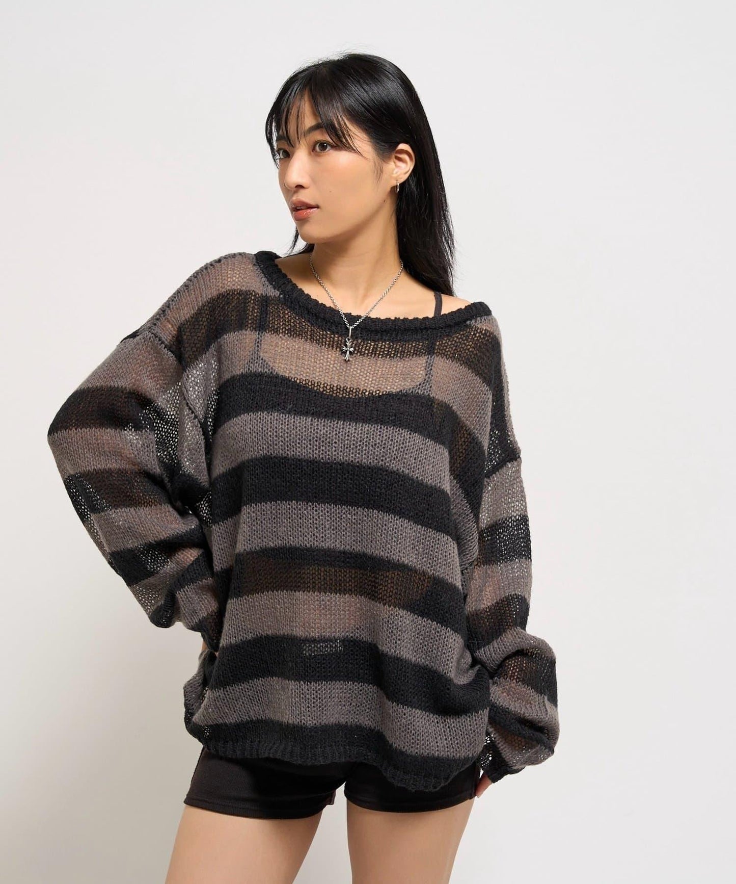 寬條紋網眼針織衫