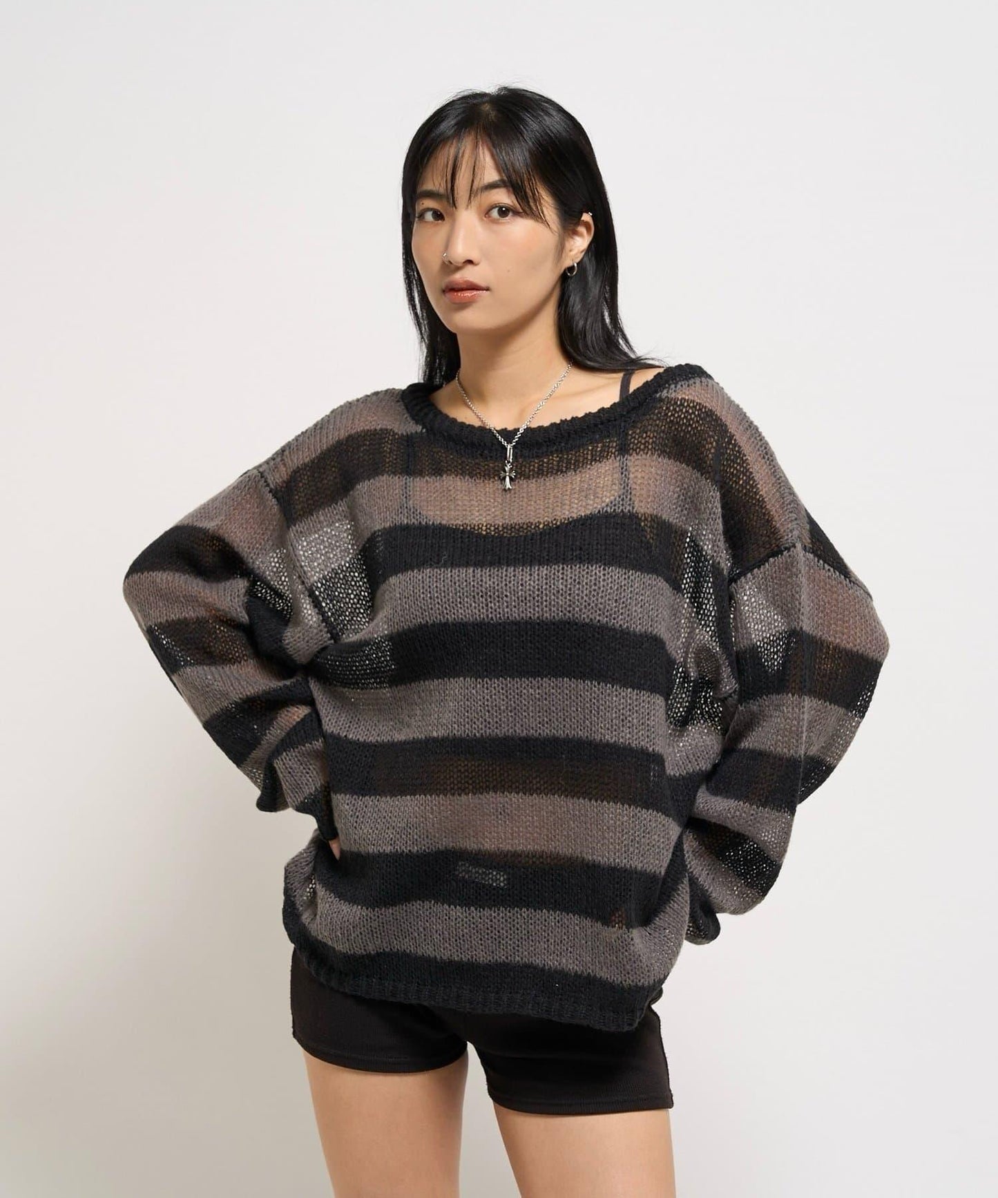 寬條紋網眼針織衫