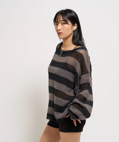寬條紋網眼針織衫