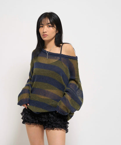 寬條紋網眼針織衫