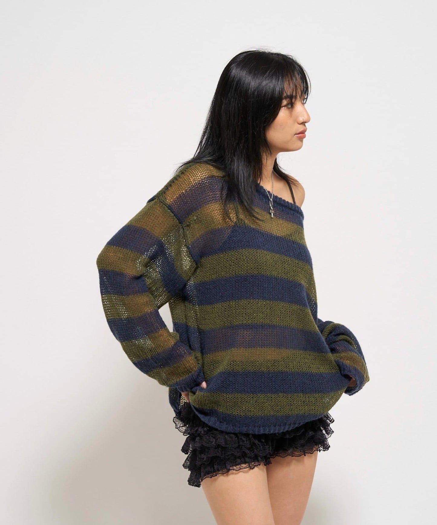 寬條紋網眼針織衫