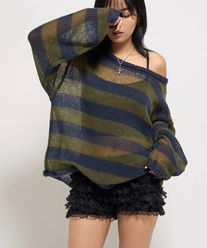 寬條紋網眼針織衫