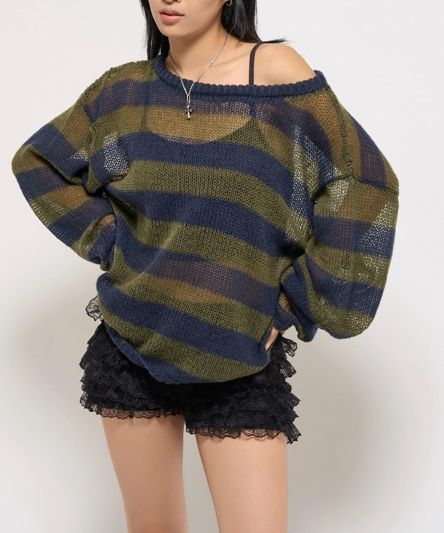 寬條紋網眼針織衫