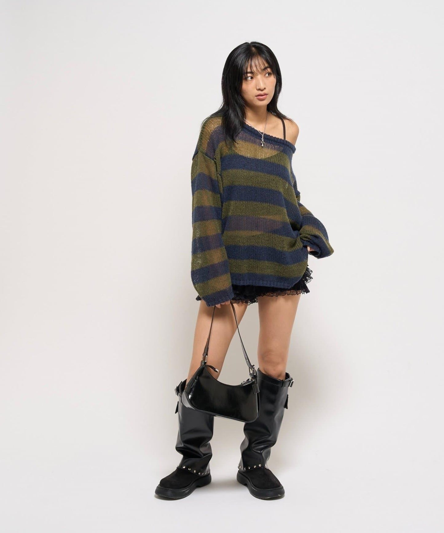 寬條紋網眼針織衫