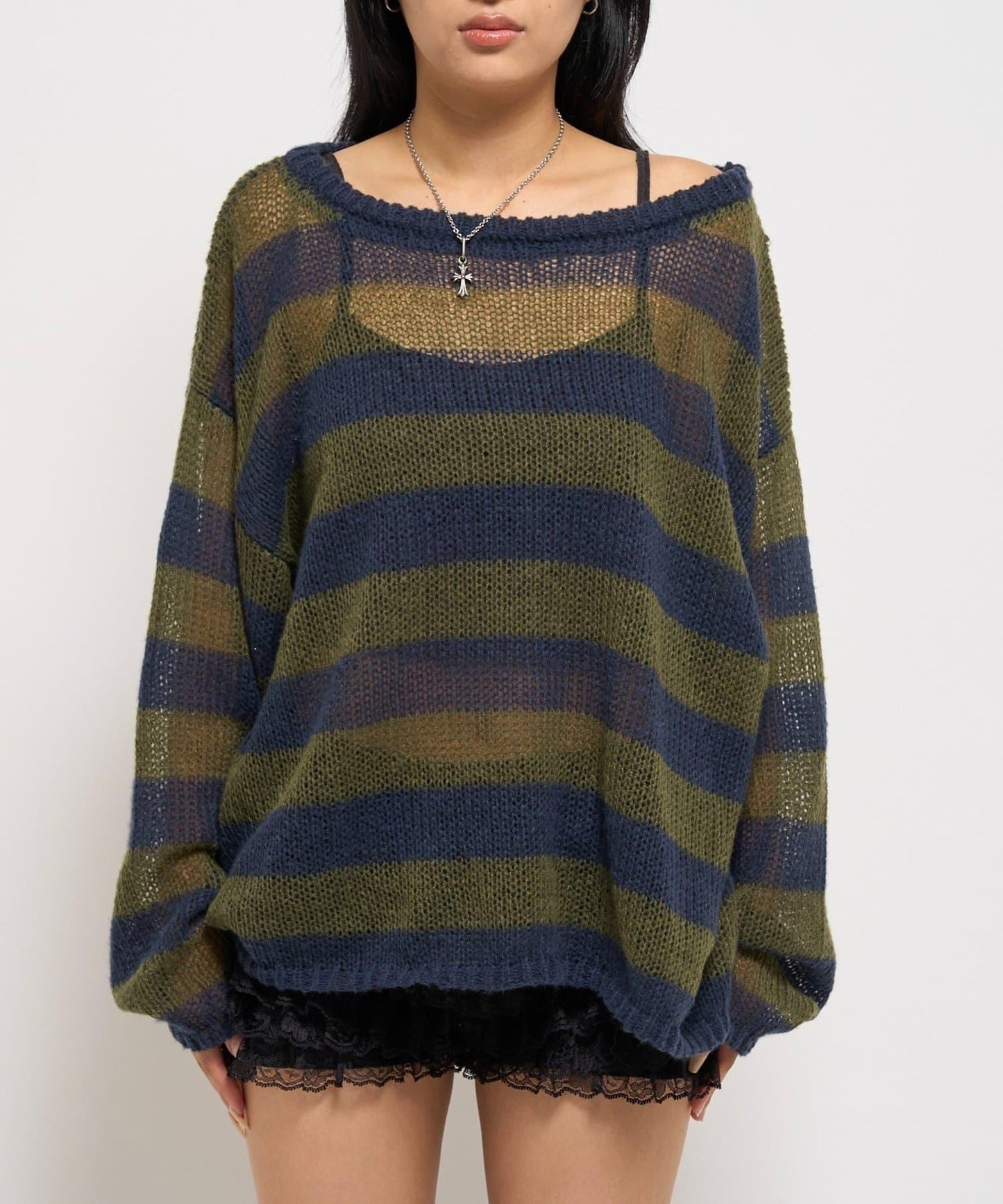 寬條紋網眼針織衫