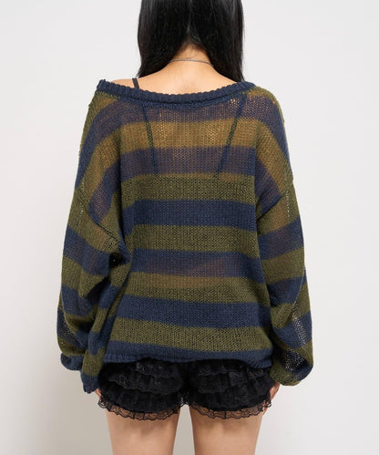 寬條紋網眼針織衫