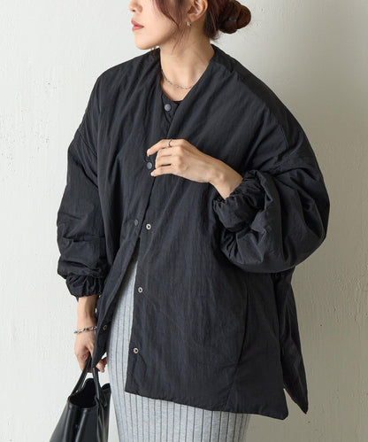 側拉鍊無領加棉夾克