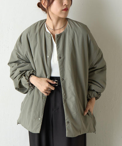 側拉鍊無領加棉夾克